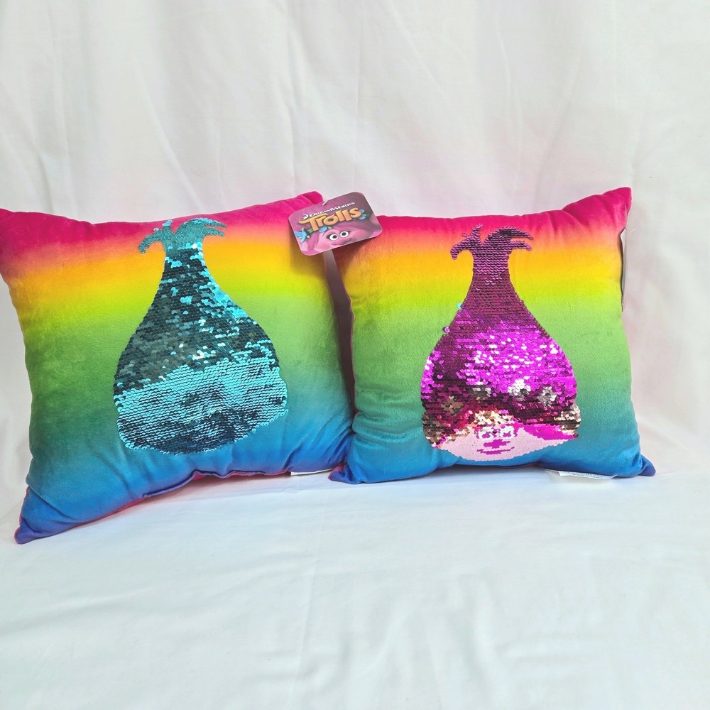 DreamWorks Trolls Poppy Pink Rainbow Reversible Sequin Plush Pillow 2Pc Set NEW